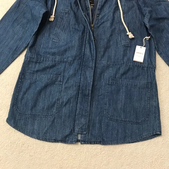 SOLD Forever 21 Denim Hoodie Jacket Oversized Parka Blue Pit to Pit 21” Size XS - Picture 4 of 16